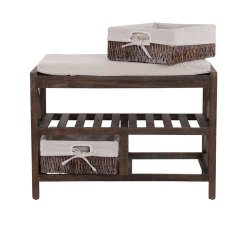 B�nk med hynde, skohylde og 2 kurve - siddeb�nk - antik brun entrem�bel