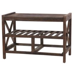 B�nk med hynde, skohylde og 2 kurve - siddeb�nk - antik brun entrem�bel