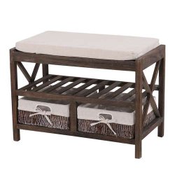 B�nk med hynde, skohylde og 2 kurve - siddeb�nk - antik brun entrem�bel