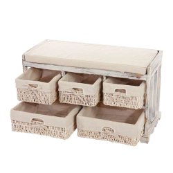 B�nk med hynde og 5 kurveskuffer - siddeb�nk med opbevaring - hvid entrem�bel