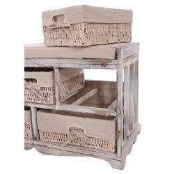 B�nk med hynde og 5 kurveskuffer - siddeb�nk med opbevaring - hvid entrem�bel