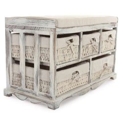 B�nk med hynde og 5 kurveskuffer - siddeb�nk med opbevaring - hvid entrem�bel