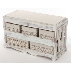 B�nk med hynde og 5 kurveskuffer - siddeb�nk med opbevaring - hvid entrem�bel