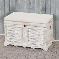 B�nk med opbevaringskiste og hynde - siddeb�nk i tr� - entrem�bel antik hvid