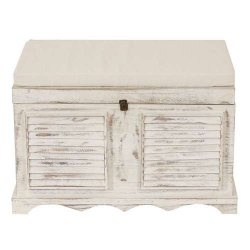 B�nk med opbevaringskiste og hynde - siddeb�nk i tr� - entrem�bel antik hvid