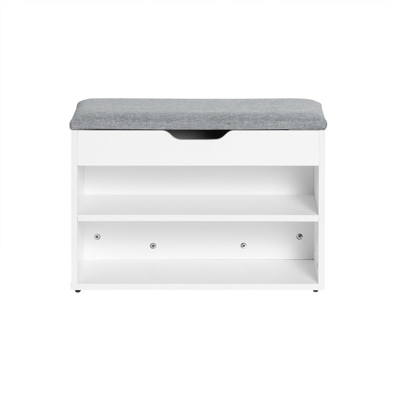 Siddeb�nk med skohylder, skob�nk med hynde, entreb�nk, hvid