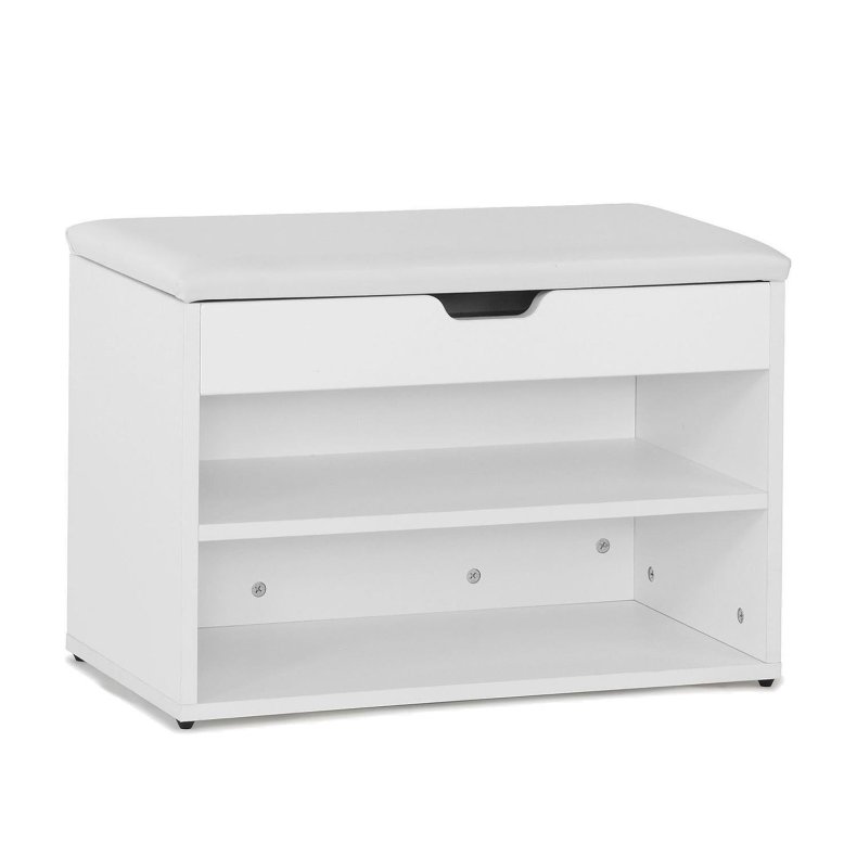 Siddeb�nk med skohylder, skob�nk med hynde, entreb�nk, hvid