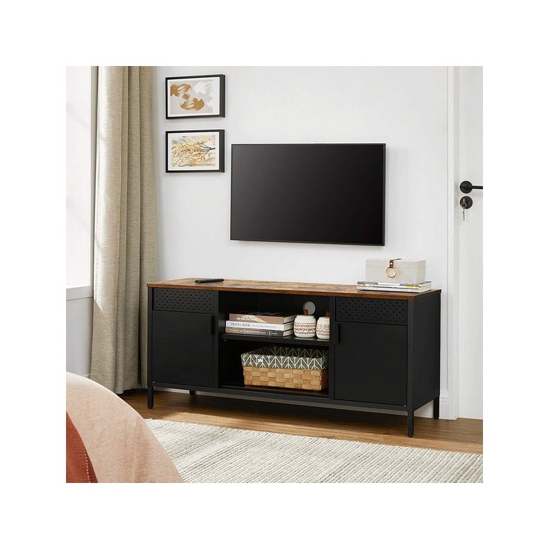 TV-b�nk - TV-bord i rustik brun tr� og sort st�l 80 x 40 x 76