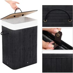 Vasketjskurv i bambus med vasketjspose - 70 liter - sort