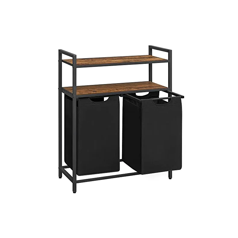 Vasketjskurv med 2 rum - 2 vasketjsposer - rustik brune hylder