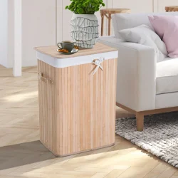 Vasketjskurv i bambus med vasketjspose - 70 liter - brun