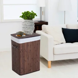 Vasketjskurv i bambus med vasketjspose - 70 liter - mrkebrun