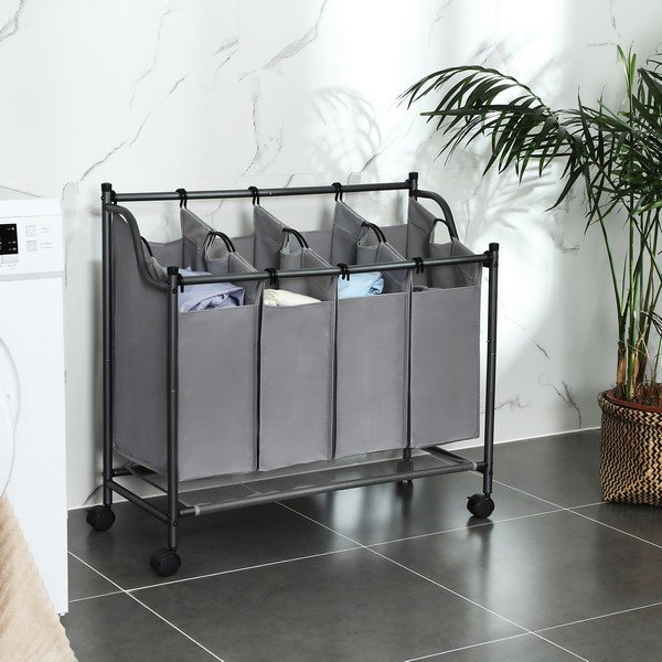 Vasketøjskurve vasketøjsvogn på hjul med 4 aftagelige rum - grå - Vasketøjskurve vasketøjsposer - Daily-Living.dk