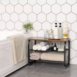 Siddebnk med 2 trdhylder - skobnk med skohylder - rustik brun