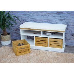 Siddeb�nk med hynde, hylder og 3 brune tr�kasser - hvid b�nk