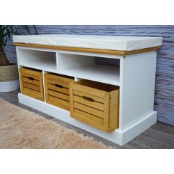 Siddeb�nk med hynde, hylder og 3 brune tr�kasser - hvid b�nk