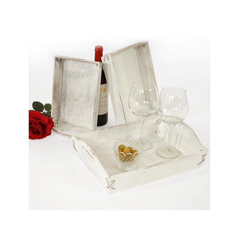 Bakker i tr - st med 3 serveringsbakker - hvide trbakker - antik rustik