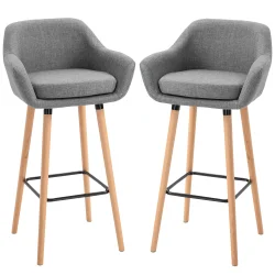 Barstol - 2 barstole med trben, lysegr stof, armln og rygln