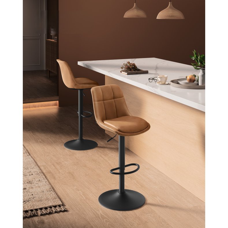 Barstole s�t af 2 - h�je stole med rygl�n og fodst�tte - brun