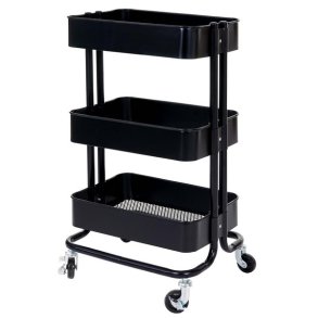 Barvogn p hjul - serveringsvogn og rullebord med 3 hylder - sort