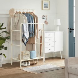 Garderobestativ - tjstativ med hylde og dobbelt tjstang - hvid