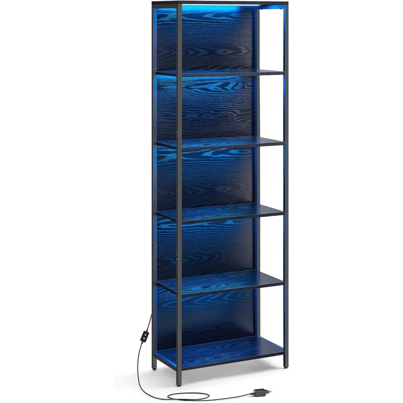 Bogreol med LED-lys - stuereol med 6 hylder - sort gulvreol