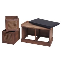 Siddeb�nk med sort hynde og 2 tr�kasser - b�nk med opbevaring - brun