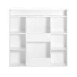 Brne bogreol med rum og hylder - lav reol - hvid 106x30x104