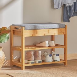 Skobnk med hylder og hynde - entrebnk i tr - brun 55x30x46