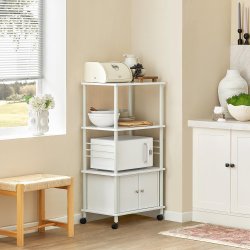 K�kkenvogn p� hjul, rullevogn med skab og hylder, hvid
