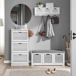 Siddeb�nk med skab og hynde, entreb�nk med opbevaring, hvid