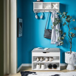 Siddeb�nk med skohylder, skob�nk med hynde, entreb�nk, hvid