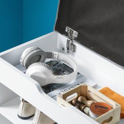 Siddeb�nk med skohylder, skob�nk med hynde, entreb�nk, hvid