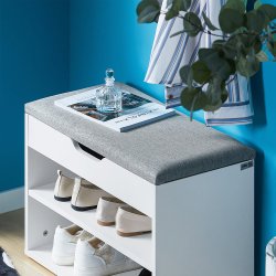 Siddeb�nk med skohylder, skob�nk med hynde, entreb�nk, hvid