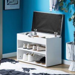 Siddeb�nk med skohylder, skob�nk med hynde, entreb�nk, hvid