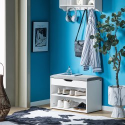 Siddeb�nk med skohylder, skob�nk med hynde, entreb�nk, hvid