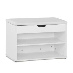 Siddeb�nk med skohylder, skob�nk med hynde, entreb�nk, hvid