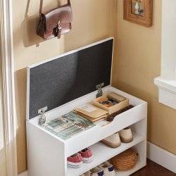 Siddeb�nk med skohylder, skob�nk med hynde, entreb�nk, hvid