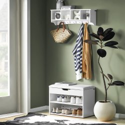 Siddeb�nk med skohylder, skob�nk med hynde, entreb�nk, hvid