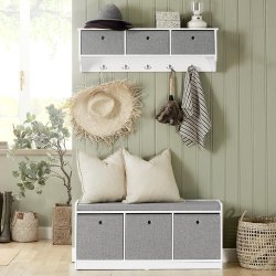 B�nk med 3 kurve, siddeb�nk med gr� hynde, entreb�nk, hvid