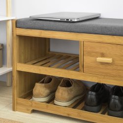 Skob�nk i bambus, gr� hynde, siddeb�nk med skohylder, brun