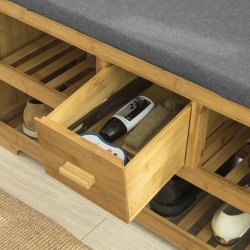 Skob�nk i bambus, gr� hynde, siddeb�nk med skohylder, brun