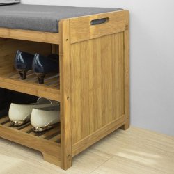 Skob�nk i bambus, gr� hynde, siddeb�nk med skohylder, brun