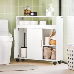 Badevrelsesskab p hjul, smalt toiletskab med hylder, hvid