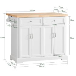 K�kken� p� hjul, k�kkenvogn med udtr�kkelig bordplade, hvid