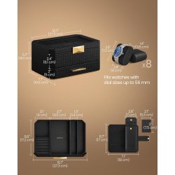 Urkasse med rejseetui i kunstlder - urboks til 8 ure - sort