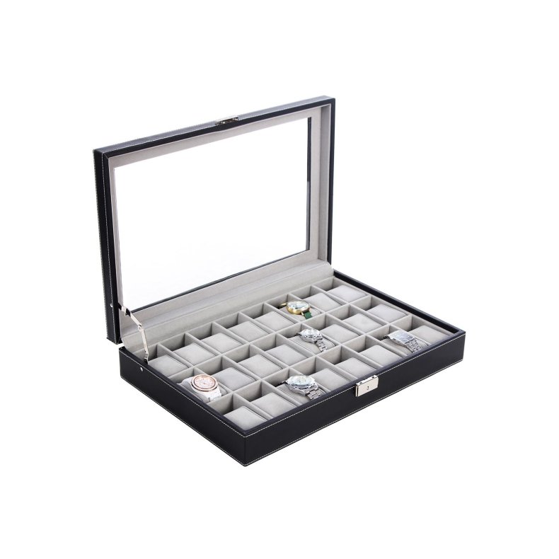 Urboks i kunstl�der - display�ske til 24 ure - sort urkasse