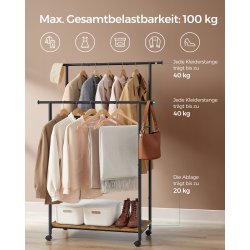 T�jstativ p� hjul med skohylde og 2 t�jst�nger - rustik brun