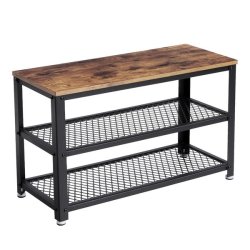 Skobnk med 2 trdhylder - siddebnk med skohylder - rustik brun