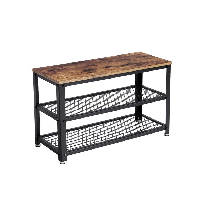 Skobnk med 2 trdhylder - siddebnk med skohylder - rustik brun